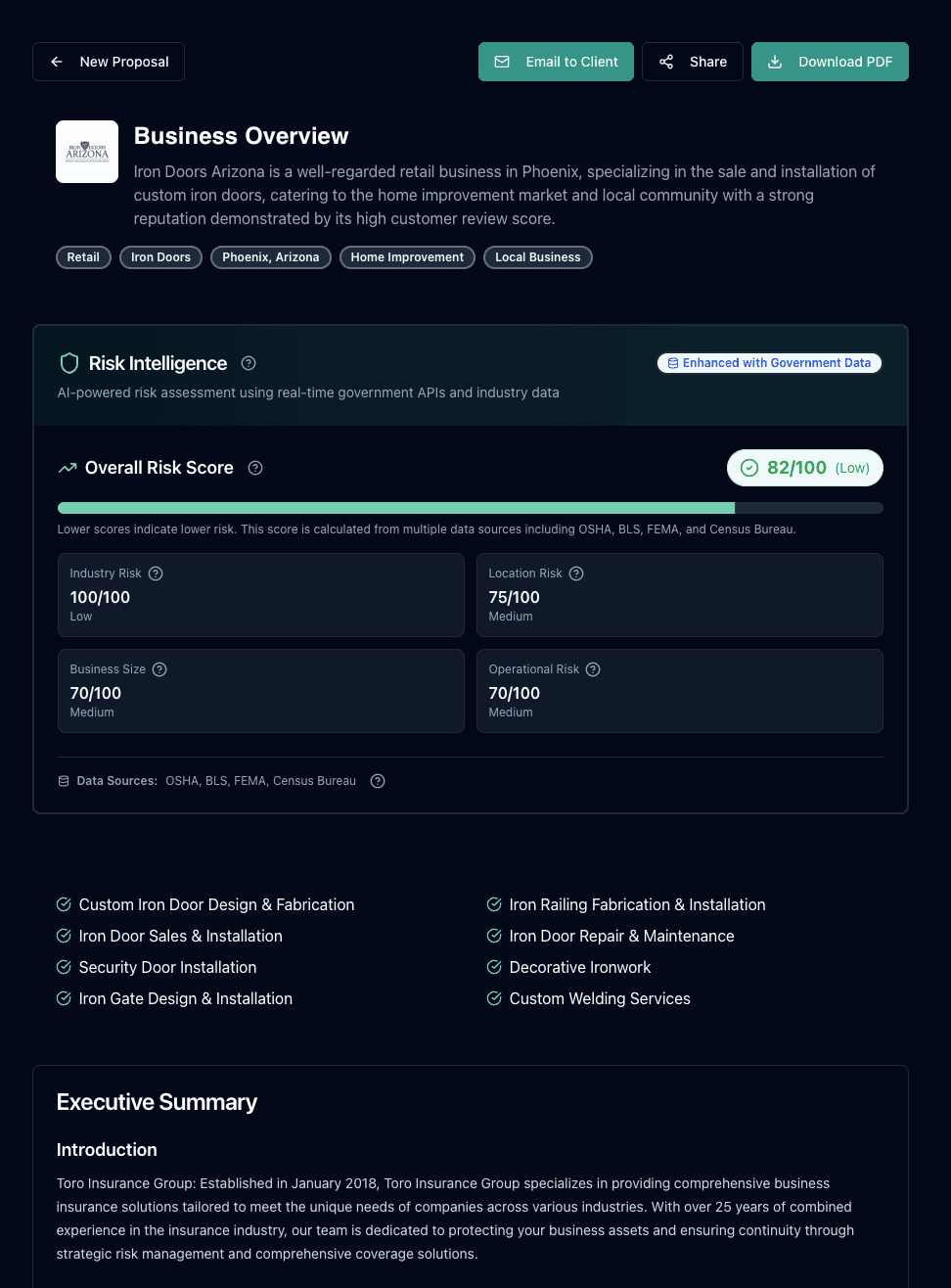 Professional insurance proposal generated by Prop Gen showing company branding, risk assessment data, coverage recommendations, and interactive elements